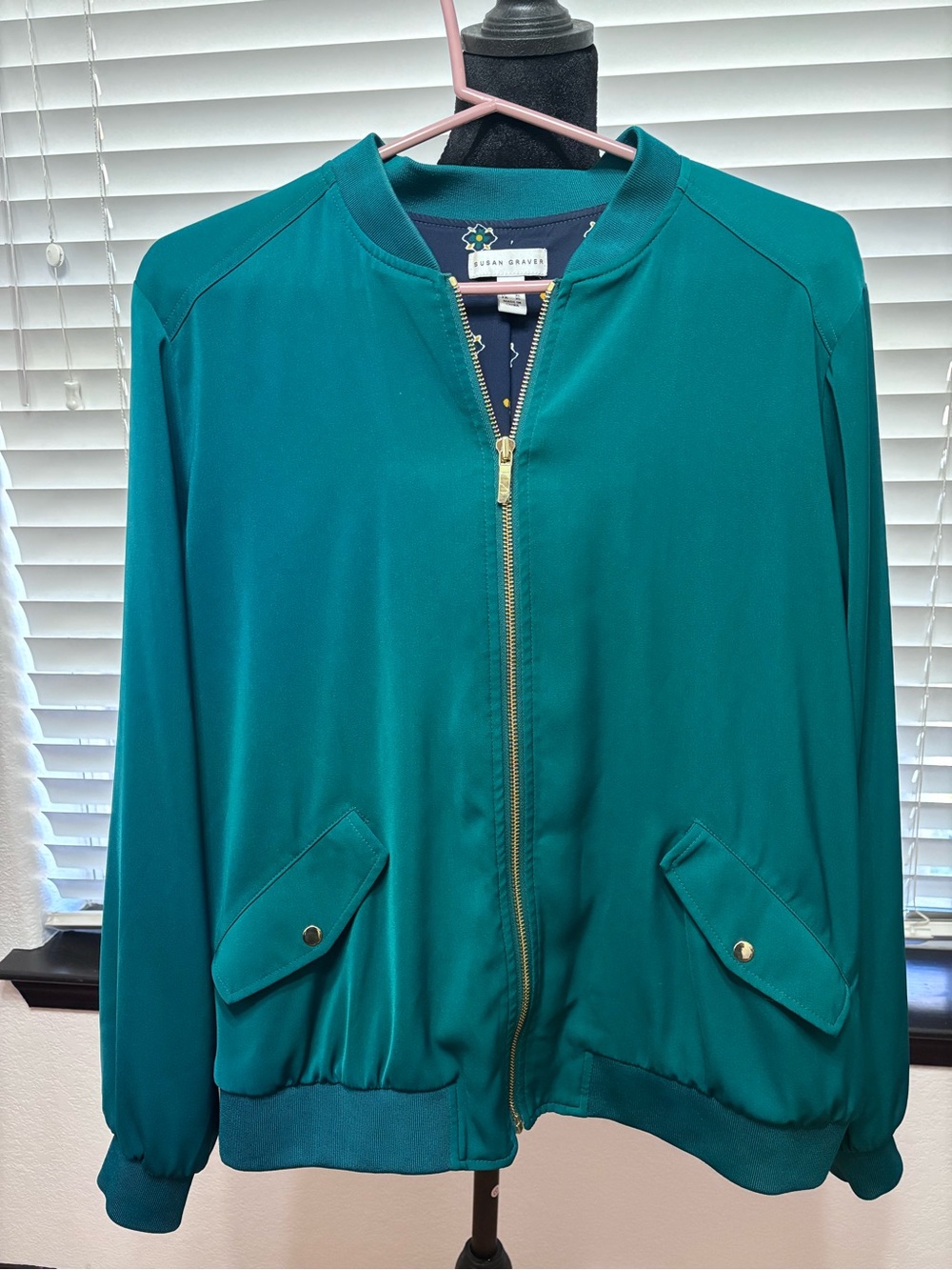 Susan Graver Teal Green Bomber Jacket with Gold Zipper